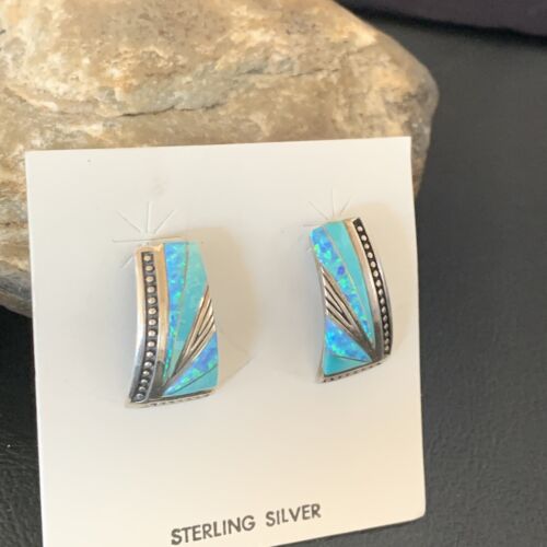 Navajo Blue Opal Turquoise Inlay Earrings | Sterling Silver | Authentic Native American Handmade | 12116
