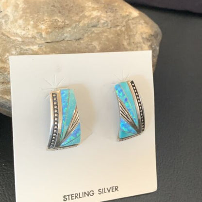 Navajo Blue Opal Turquoise Inlay Earrings | Sterling Silver | Authentic Native American Handmade | 12116