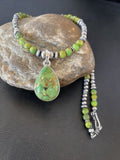 Women's Navajo Pearl Necklace with Green Mojave Turquoise Pendant | Sterling Silver | Native American Handmade | 10581