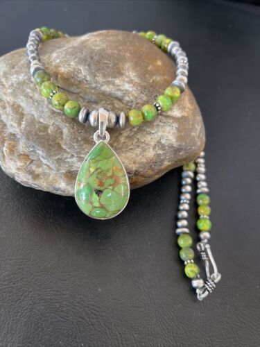 Women's Navajo Pearl Necklace with Green Mojave Turquoise Pendant | Sterling Silver | Native American Handmade | 10581