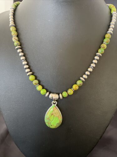Navajo Pearl Necklace with Green Mojave Turquoise Pendant | Sterling Silver | Authentic Native American Handmade | 10312
