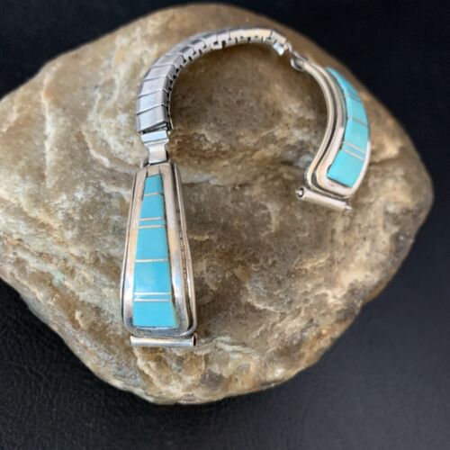 Navajo Sterling Silver Watch Tips with Blue Turquoise Inlay Band | Authentic Native American Jewelry | 13728