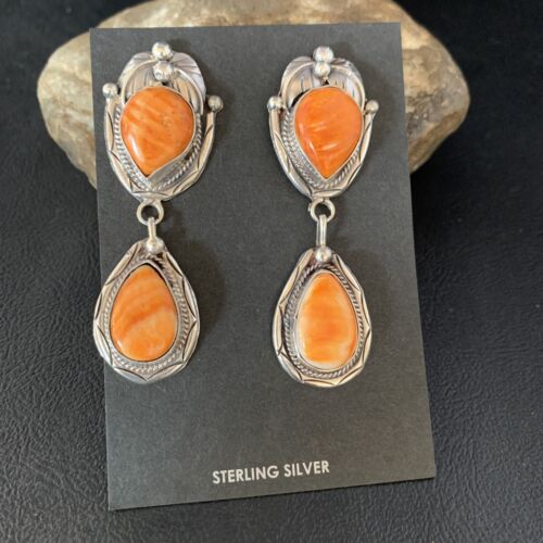 Navajo Orange Spiny Oyster Dangle Earrings | Sterling Silver | Authentic Native American Handmade | 13817