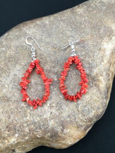 Native American Sterling Silver Navajo Red Coral Earrings | 2" | 1086