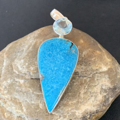 Navajo Blue Topaz Turquoise Pendant | Sterling Silver | 3" | Authentic Native American Handmade | 10709