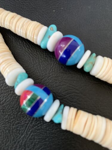 Authentic Native American Santo Domingo Shell & Turquoise 3-Bead Pendant Necklace with Pearls | 20" | 12524