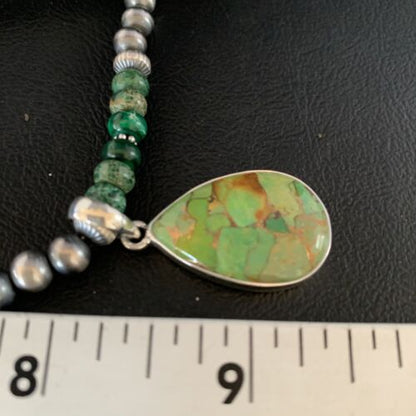 Navajo Pearls Green Mojave Turquoise Pendant Necklace | Sterling Silver | Native American Handmade | 13463