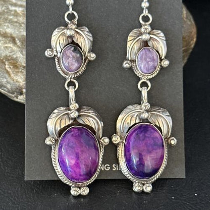 Navajo Purple Sugilite Dangle Earrings | Sterling Silver | 2" | Authentic Native American Handmade | 14402