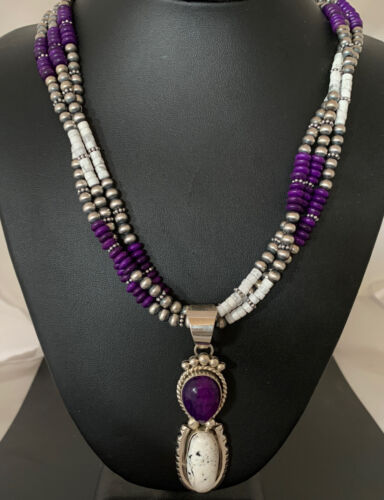 Navajo Sterling Silver Turquoise & Sugilite Beads Necklace Pendant | 23" | Multi-Strand | 01867