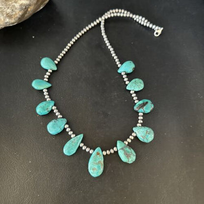 Navajo Teardrop Blue Turquoise Necklace | Sterling Silver Pearls | Authentic Native American Handmade | 14388