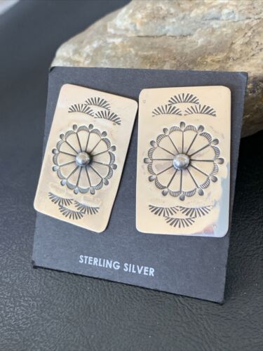 Women's Navajo Sterling Silver Stamped Earrings | 1.5" | Authentic Native American Handmade | 1664