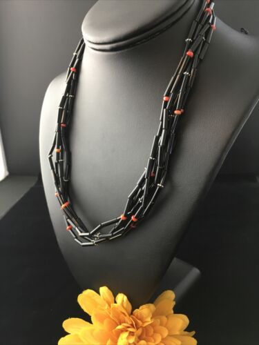 Navajo Black Onyx Coral Turquoise Bead Necklace | 5 Strand Sterling Silver | 19" | 10038