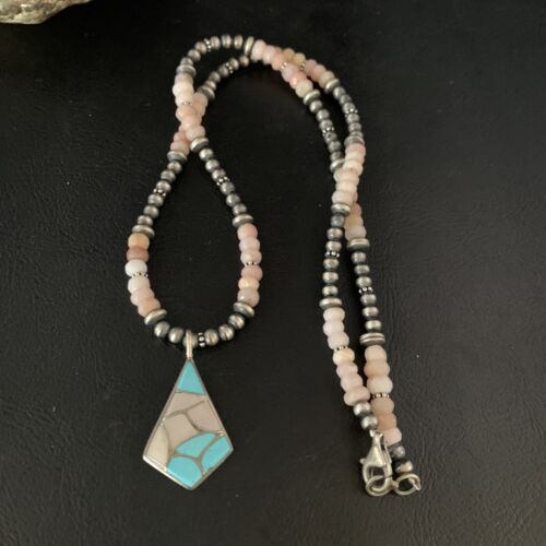 Navajo Mother of Pearl Turquoise Inlay Pendant with Pink Opal Bead | Sterling Silver Necklace | 13456