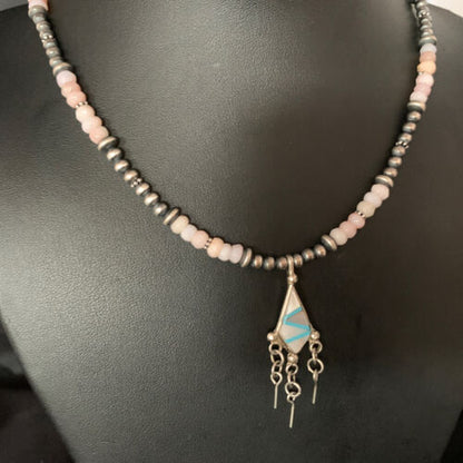 Navajo Mother of Pearl Turquoise Inlay Pendant with Pink Opal Bead Necklace | Sterling Silver | 13457