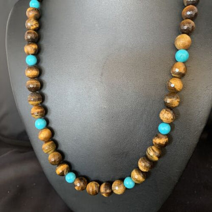 Navajo | Sterling Silver Necklace | Brown Tiger's Eye & Blue Turquoise | 20" | Authentic Native American Handmade | 13895