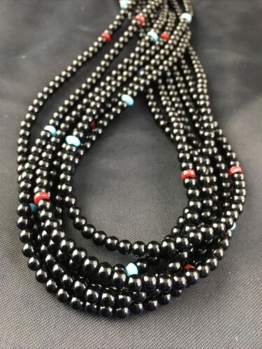 Navajo Black Onyx Coral Turquoise Bead Necklace | Sterling Silver | 18" | Authentic Native American Handmade | 10171