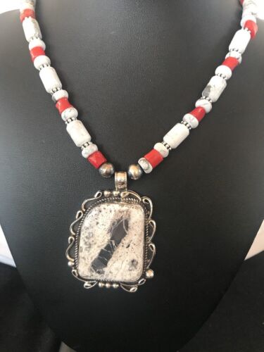 Navajo Pearls White Buffalo Turquoise Necklace Pendant | Sterling Silver | Authentic Native American Handmade | 8216