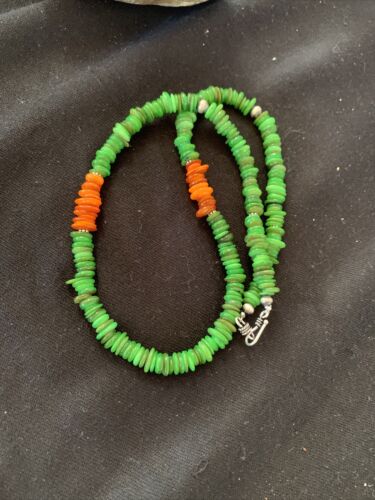 Navajo Pearls Necklace | Orange Green Mother of Pearls | Sterling Silver | Authentic Native American Handmade | 20" | 1053