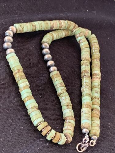 Navajo Green Turquoise Heishi Sterling Silver Necklace | 8mm 22" | Native American Handmade