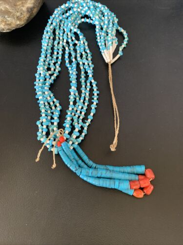 Native American Santo Domingo Blue Turquoise Coral Jacla Necklace | 5 Strand Nugget Bead | 34" | 13182