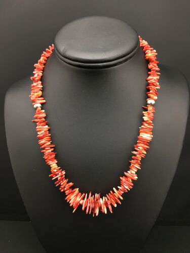 Navajo Red Spiky Spiny Oyster Necklace | Sterling Silver | Authentic Native American | 18" | 4772