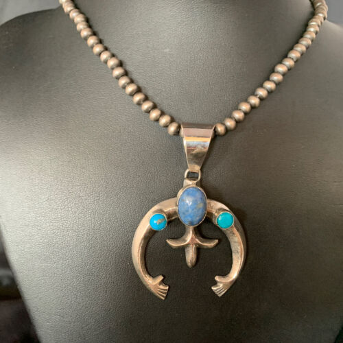 Navajo Sterling Silver Pendant Necklace | Denim Lapis & Turquoise | Authentic Native American Handmade | 13632