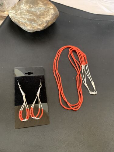 Navajo Natural Red Coral Heishi 3-Strand Necklace & Earrings Set | Sterling Silver | 20" | Authentic Native American Jewelry | 1218