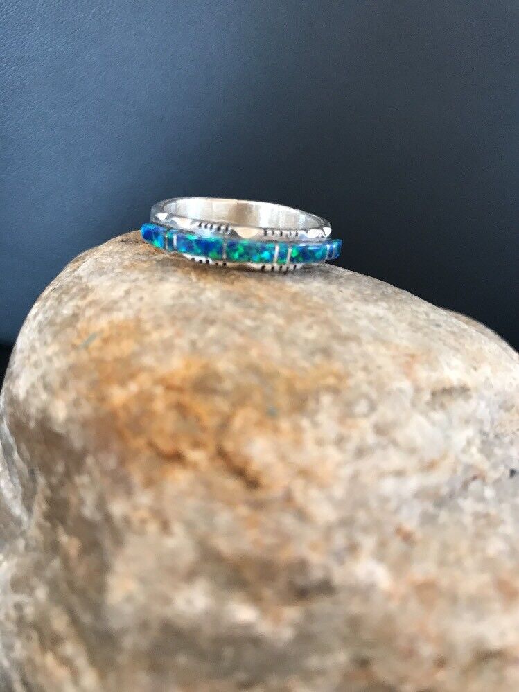 Southwestern Navajo Blue Opal Inlay Ring | Sterling Silver | Sz 9.5 | Authentic Native American Handmade | 10612