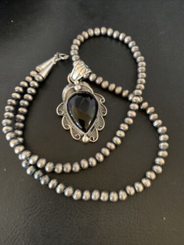 Navajo Pearls Black Onyx Necklace Pendant | Sterling Silver | Authentic Native American Handmade | 13095