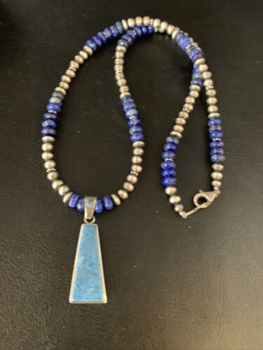 Navajo Blue Denim Lapis Necklace with Inlay Pendant | Sterling Silver | Authentic Native American Handmade | 13490