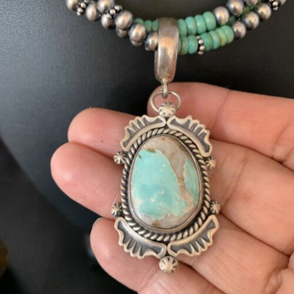 Navajo Royston Turquoise Pendant | Sterling Silver | 3-Strand Spiny Necklace | Authentic Native American Handmade | 01676