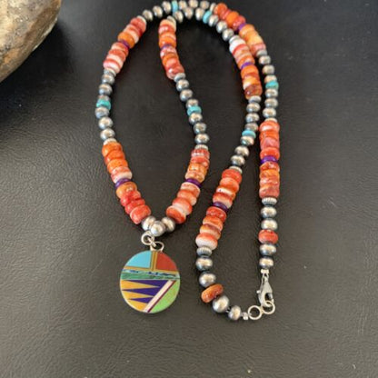 Multi-Color Turquoise & Spiny Oyster Inlay Necklace Pendant | Navajo Sterling Silver | Authentic Native American Handmade | 12721