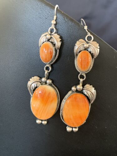 Native Orange Spiny Oyster Dangle Earrings Navajo Sterling Silver 12200
