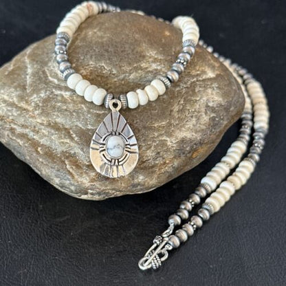 Navajo White Buffalo Turquoise Pendant Necklace | Sterling Silver | Authentic Native American Handmade | 14613