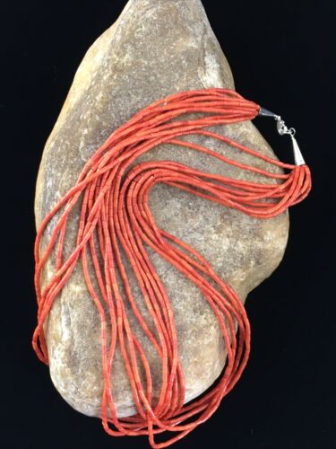 Native American Orange Spiny Heishi Necklace | 10 Strand | Sterling Silver | 20" | 10037