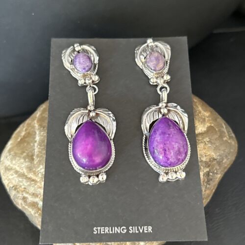 Navajo Purple Sugilite Dangle Earrings | Sterling Silver | 2" | Authentic Native American Handmade | 14404