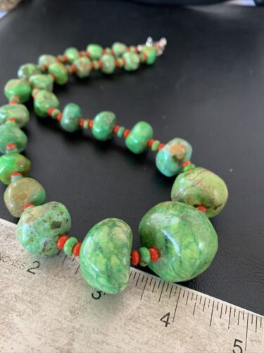 Southwestern Chunky Green Turquoise & Coral Necklace | Sterling Silver | Authentic Native American | 18" | 01843