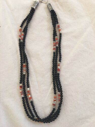 Navajo Native American Turquoise Spiny Oyster Onyx 3 Strand Sterling Silver Necklace | 21"