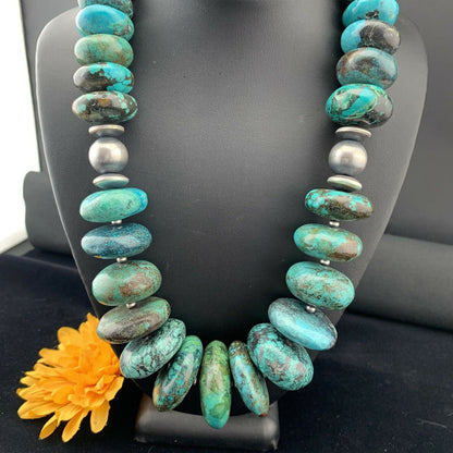 Men's Pearl Grad Sterling Silver Natural Blue Turquoise Necklace | Navajo Handmade | Authentic Native American | 24"| 01746
