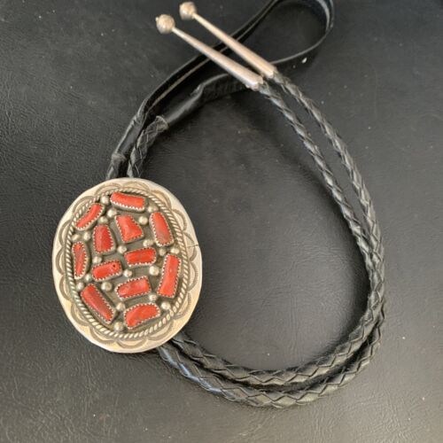 Navajo Men's Bolo Tie | Natural Red Coral Cluster | Sterling Silver | Authentic Native American Handmade | 13671