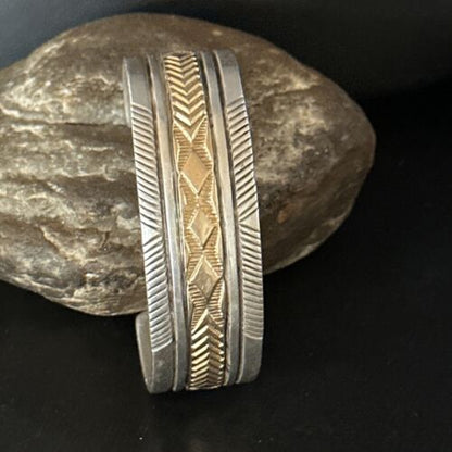 Men's Navajo Handmade Stamped Cuff Bracelet | Sterling Silver & 12K Gold | Authentic Native American | 14593