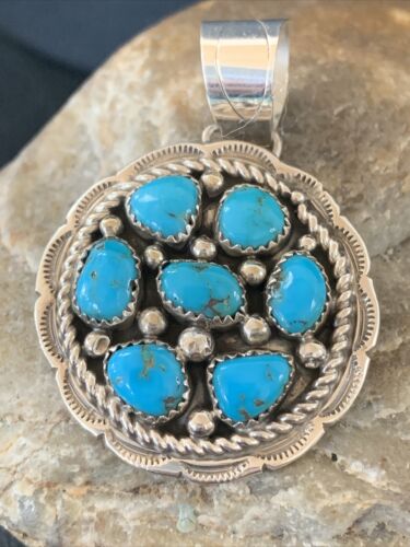 Navajo Blue Kingman Turquoise Cluster Pendant | Authentic Native American Sterling Silver | Multi-Stone | 2" | 02095