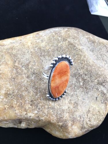 Navajo Orange Spiny Oyster Ring | Sterling Silver | Sz 9 | Authentic Native American Handmade | 10071
