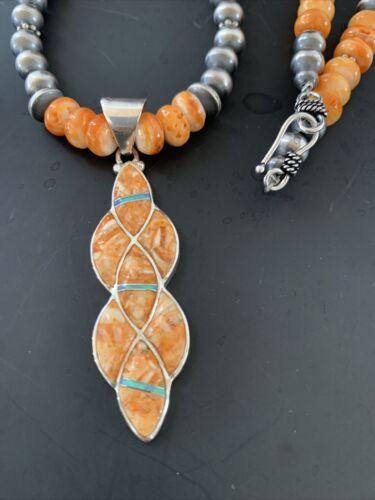 Navajo Pearls Sterling Silver Necklace | Orange Spiny Oyster Inlay Pendant | Authentic Native American Handmade | 11314
