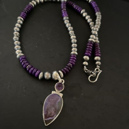 Navajo Pearls Necklace with Purple Sugilite Pendant | Sterling Silver | Multi-Stone | 11334