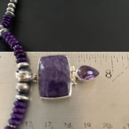 Navajo Pearls Necklace with Purple Sugilite Pendant | Sterling Silver | Multi-Stone | 11333