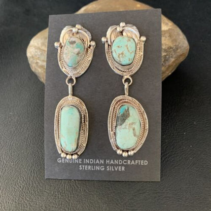 Navajo Blue Dry Creek Turquoise Post Dangle Earrings | Sterling Silver | Authentic Native American Handmade | 13875