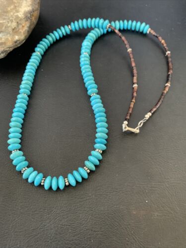 Navajo Pearls Bead Necklace | Blue Turquoise | Sterling Silver | 24" | Authentic Native American Handmade | 12538