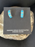 Navajo Blue Turquoise Inlay Earrings | Sterling Silver | 1" | Authentic Native American Handmade | 14776