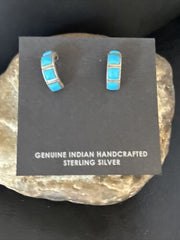 Navajo Blue Turquoise Inlay Earrings | Sterling Silver | 1" | Authentic Native American Handmade | 14776